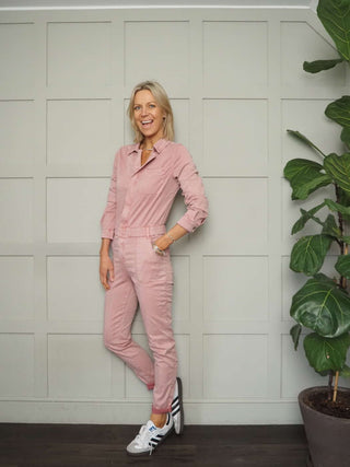 Jessie Long Sleeved Jumpsuit - Front Zip Fastening, Ruched Waist Detail &amp; Skinny Fit Leg with Stretch - Black, Green, Pink, Stone