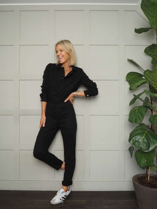 Jessie Long Sleeved Jumpsuit - Front Zip Fastening, Ruched Waist Detail &amp; Skinny Fit Leg with Stretch - Black, Green, Pink, Stone