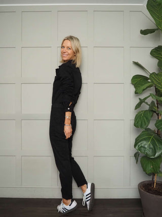 Jessie Long Sleeved Jumpsuit - Front Zip Fastening, Ruched Waist Detail &amp; Skinny Fit Leg with Stretch - Black, Green, Pink, Stone