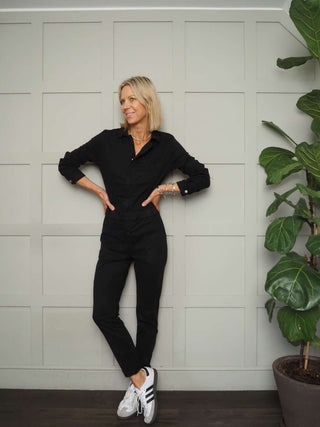 Jessie Long Sleeved Jumpsuit - Front Zip Fastening, Ruched Waist Detail &amp; Skinny Fit Leg with Stretch - Black, Green, Pink, Stone