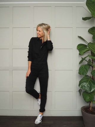 Jessie Long Sleeved Jumpsuit - Front Zip Fastening, Ruched Waist Detail &amp; Skinny Fit Leg with Stretch - Black, Green, Pink, Stone