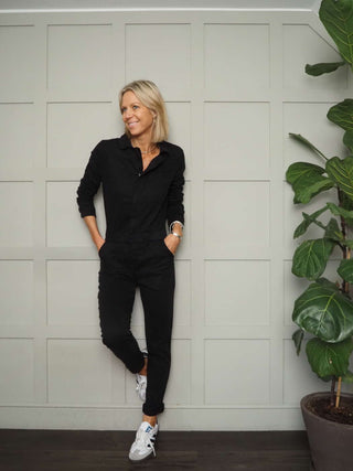 Jessie Long Sleeved Jumpsuit - Front Zip Fastening, Ruched Waist Detail &amp; Skinny Fit Leg with Stretch - Black, Green, Pink, Stone