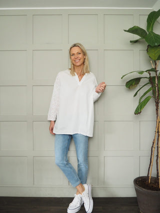 Moda Long Sleeve Blouse with Round Neck &amp; Broderie Anglaise Detail - Denim Blue, White