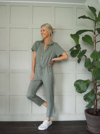 Raillie Short Sleeved Lightweight Jumpsuit with Straight Leg - Khaki, Mushroom, Navy Blue