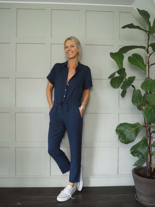 Raillie Short Sleeved Lightweight Jumpsuit with Straight Leg - Khaki, Mushroom, Navy Blue