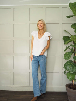 Maggie Mid Rise Denim Jeans, with Square Pockets - Light Blue, Mid Blue