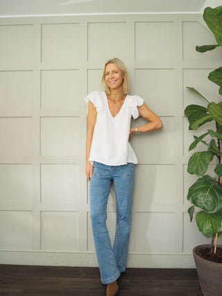 Maggie Mid Rise Denim Jeans, with Square Pockets - Light Blue, Mid Blue