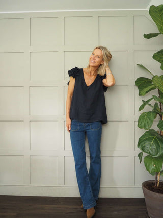 Maggie Mid Rise Denim Jeans, with Square Pockets - Light Blue, Mid Blue