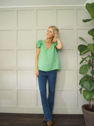 Maggie Mid Rise Denim Jeans, with Square Pockets - Light Blue, Mid Blue