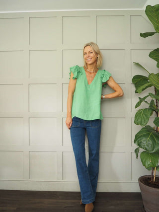 Maggie Mid Rise Denim Jeans, with Square Pockets - Light Blue, Mid Blue