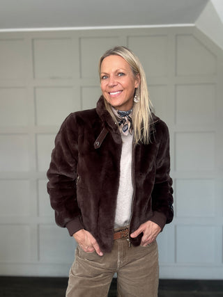 Ambra Super Soft Faux Fur Bomber Jacket by Rino & Pelle - Chocolate