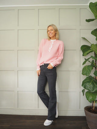 Maggie Mid Rise Denim Jeans, with Square Pockets - Light Blue, Mid Blue