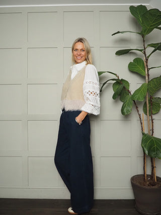 Chrissy Sleeveless Cardigan with Fringing Detail &amp; Button Fastening - Bright Pink, Camel, Khaki, Navy Blue and Oatmeal