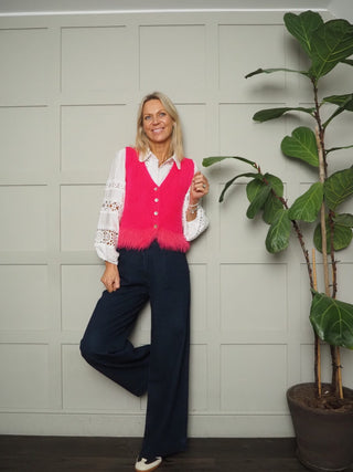 Chrissy Sleeveless Cardigan with Fringing Detail &amp; Button Fastening - Bright Pink, Camel, Khaki, Navy Blue and Oatmeal