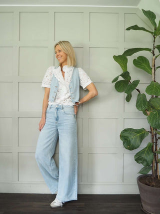 Bergamot Cropped Fitted Waistcoat with Front Silver Button Fastening - Light Denim