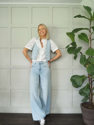 Bergamot Cropped Fitted Waistcoat with Front Silver Button Fastening - Light Denim