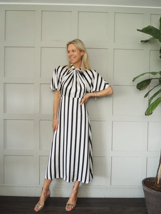 Clero Short Sleeve Satin Dress by Soaked - Black/Off White Stripes