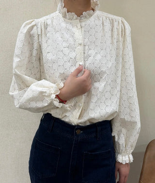 Holly Blouse with Broderie Anglaise Collar  - Ecru