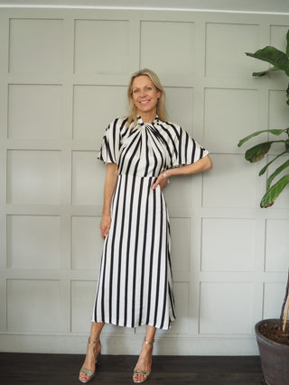 Clero Short Sleeve Satin Dress by Soaked - Black/Off White Stripes