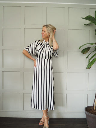 Clero Short Sleeve Satin Dress by Soaked - Black/Off White Stripes