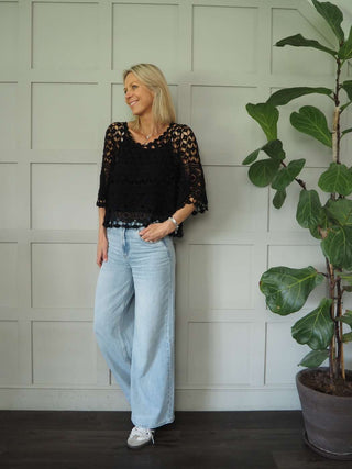 Jabriella Crochet Top with Scoop Neck and Cropped Sleeves - Black, Mushroom, Pink, White, Yellow