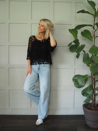 Jabriella Crochet Top with Scoop Neck and Cropped Sleeves - Black, Mushroom, Pink, White, Yellow