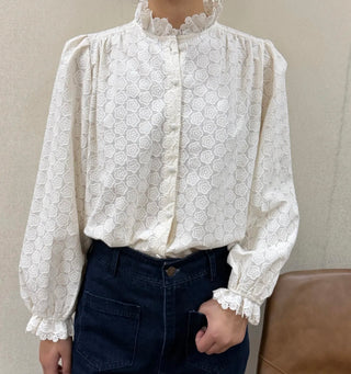 Holly Blouse with Broderie Anglaise Collar  - Ecru