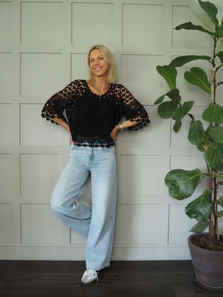 Jabriella Crochet Top with Scoop Neck and Cropped Sleeves - Black, Mushroom, Pink, White, Yellow