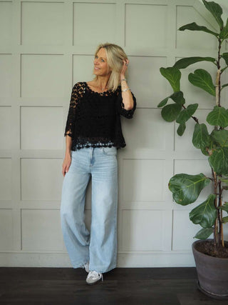 Jabriella Crochet Top with Scoop Neck and Cropped Sleeves - Black, Mushroom, Pink, White, Yellow