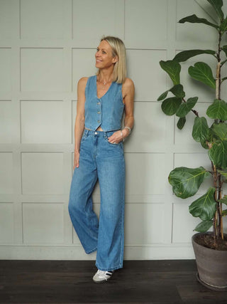 Postiano Cotton Waistcoat, Fitted Shape, V Neck &amp; Button Fastening - Med Denim Blue