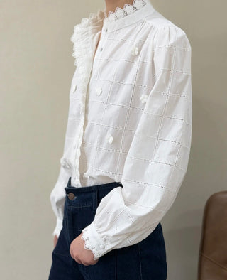Eliza Blouse with Broderie Anglaise Collar  - Off White