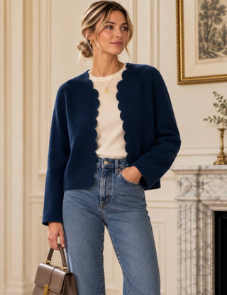 Sueno Cardigan with Scalloped Edge Detail - Navy Blue, Taupe