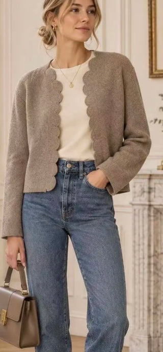 Sueno Cardigan with Scalloped Edge Detail - Navy Blue, Taupe