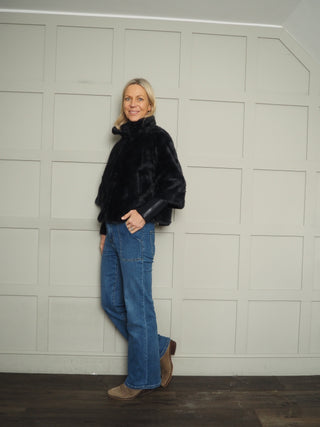 Nesrin Super Soft Faux Fur Jacket by Rino & Pelle - Ecru (Birch), Navy Blue