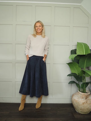 Perry Midi Corduroy Skirt with Flat Front and Side Pockets - Black, Camel, Chocolate, Green, Navy Blue, Oatmeal