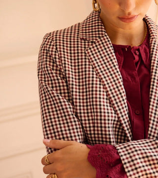 Stamford Single-Breasted Checked Blazer - Burgundy/Navy