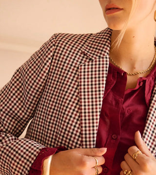 Stamford Single-Breasted Checked Blazer - Burgundy/Navy