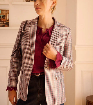 Stamford Single-Breasted Checked Blazer - Burgundy/Navy