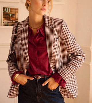 Stamford Single-Breasted Checked Blazer - Burgundy/Navy