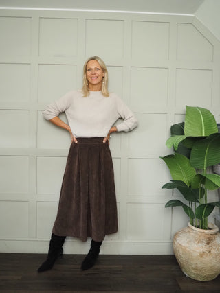 Perry Midi Corduroy Skirt with Flat Front and Side Pockets - Black, Camel, Chocolate, Green, Navy Blue, Oatmeal