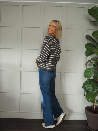 Sallianne Turtle Neck Striped Jumper - Bright Pink, Camel, Khaki and Mole