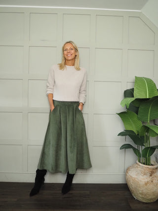 Perry Midi Corduroy Skirt with Flat Front and Side Pockets - Black, Camel, Chocolate, Green, Navy Blue, Oatmeal