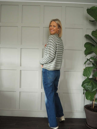 Sallianne Turtle Neck Striped Jumper - Bright Pink, Camel, Khaki and Mole