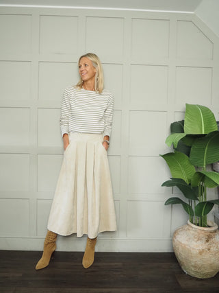 Perry Midi Corduroy Skirt with Flat Front and Side Pockets - Black, Camel, Chocolate, Green, Navy Blue, Oatmeal