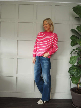 Sallianne Turtle Neck Striped Jumper - Bright Pink, Camel, Khaki and Mole