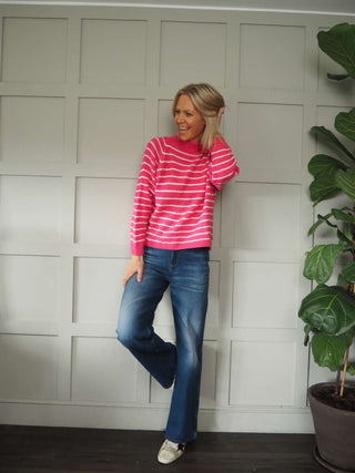 Sallianne Turtle Neck Striped Jumper - Bright Pink, Camel, Khaki and Mole