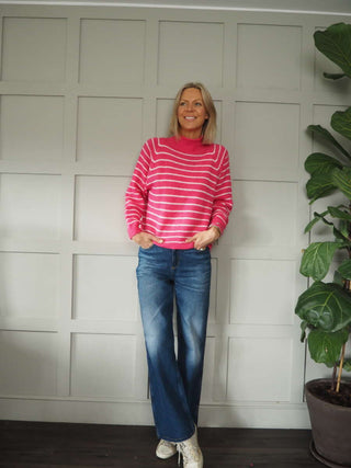 Sallianne Turtle Neck Striped Jumper - Bright Pink, Camel, Khaki and Mole