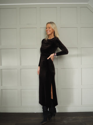 Dichte Velvet Long Sleeve Dress with Side Split by Part Two - Black, Blue, Chocolate