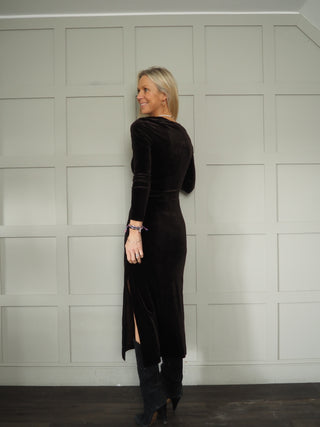 Dichte Velvet Long Sleeve Dress with Side Split by Part Two - Black, Blue, Chocolate