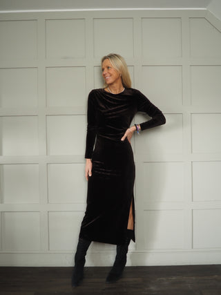 Dichte Velvet Long Sleeve Dress with Side Split by Part Two - Black, Blue, Chocolate